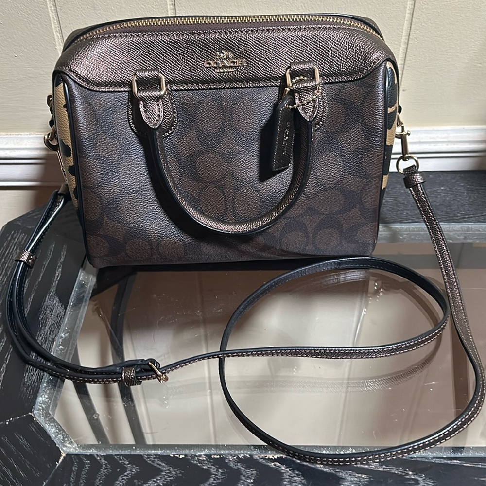 Coach dark brown monogram and leopard trim side Bennet tote or crossbody